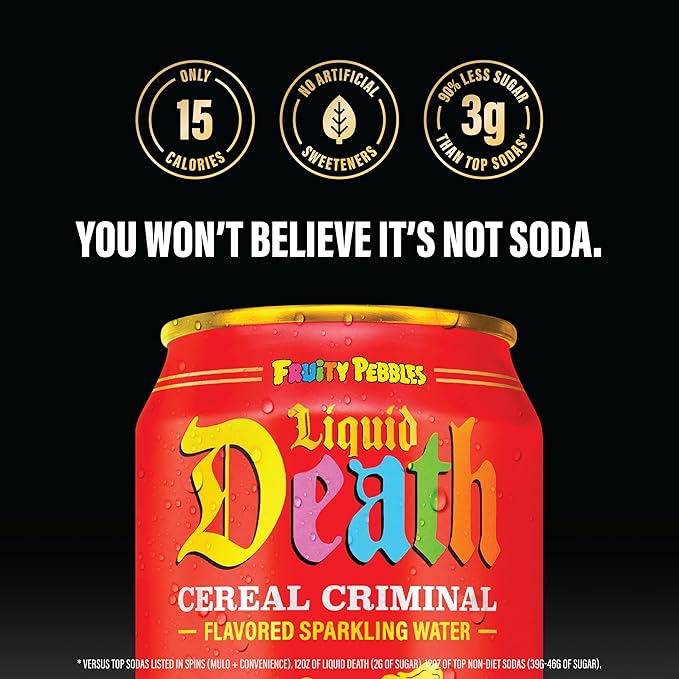 Liquid Death, Cereal Criminal, Fruitty Pebbles-Flavored Sparkling Water, 12-Pack (12oz Cans), Low Sugar, Huge Flavor & No Artificial Sweeteners