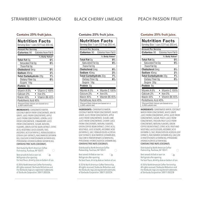 Starbucks Refreshers, 3 Flavor Variety Pack (Peach,Cherry, Stw Lmd), 12 Ounce Sleek Cans (Pack of 12)