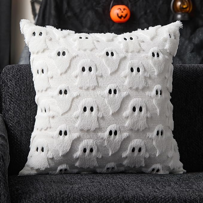 DFXSZ Halloween Pillow Covers 18x18 inch Set of 2 White Ghost Throw Pillow Cases Soft Plush Faux Fur Wool Couch Cushion Case for Chair Sofa Bedroom Living Room Home Decor PTK03A18