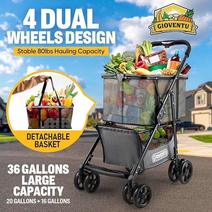 𝐔𝐩𝐠𝐫𝐚𝐝𝐞𝐝 Folding Shopping Cart with Wheels (80lbs), Collapsible Grocery Carts with 360° Wheels & Removable Tote Bag, Multi Use Portable Personal Shopping Carts for Groceries, Gray
