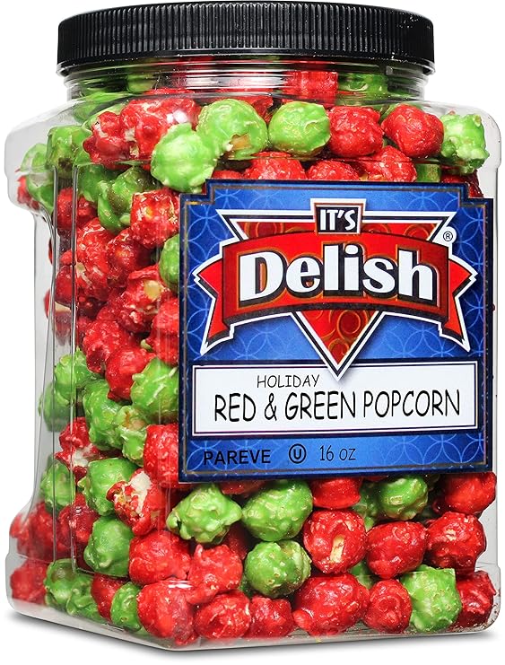 Holiday Red & Green Popcorn by It's Delish, 16 Oz Jumbo Container | Bulk Gourmet Air Popped Pop Corn Snack - Fruity Christmas Themed Candy Confetti – Gluten Free, Vegan, Kosher, 1 Count