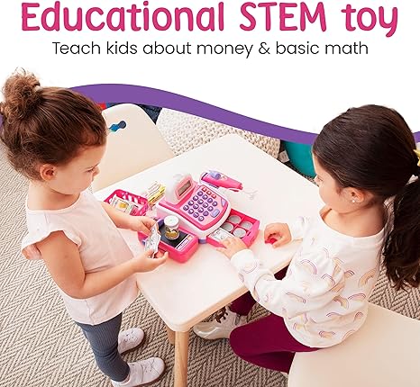Prextex Cash Register Toy for Kids Pretend Play Set - Grocery Store Electronic Toy - STEM Cash Register for Kids with Microphone, Play Money, and Shopping Cart - Kids Checkout Toys with Scanner- Pink