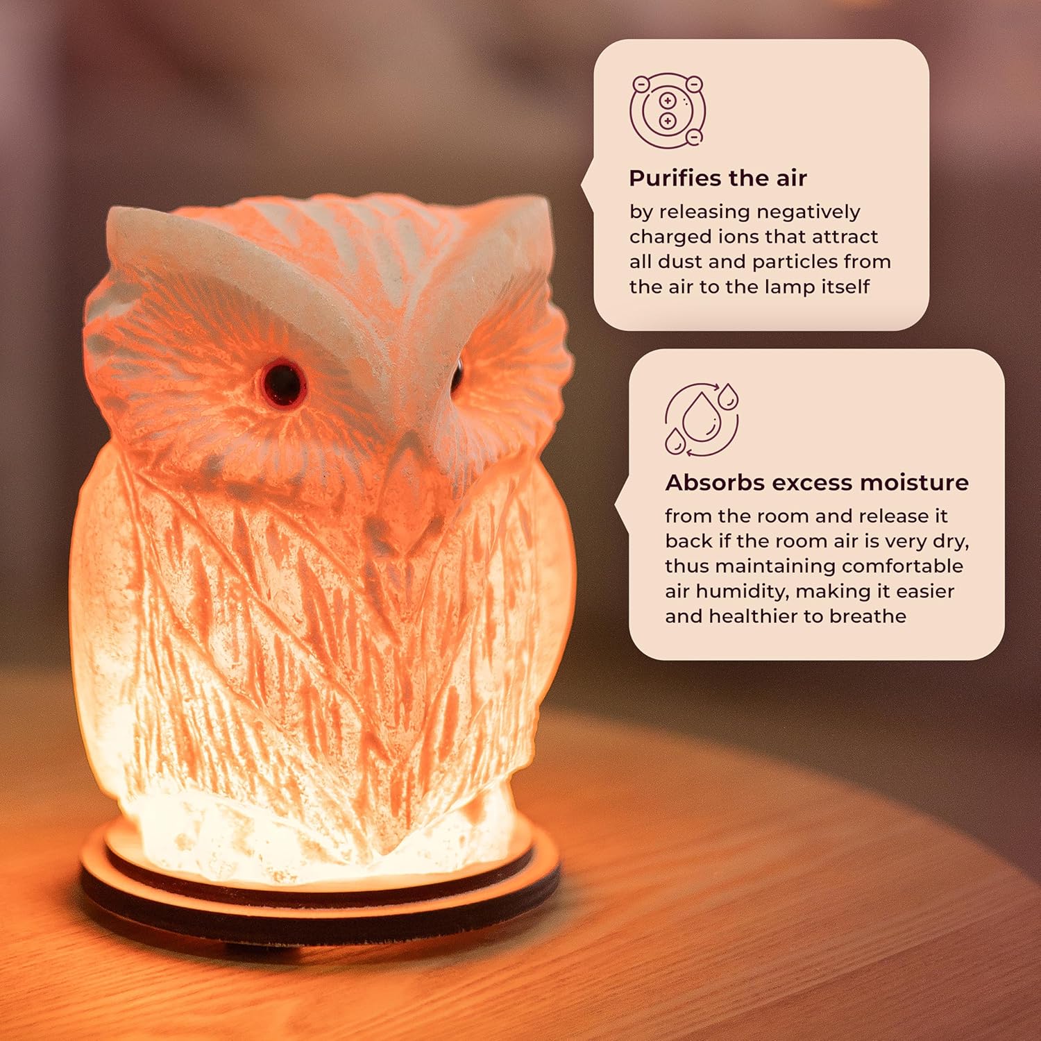 Owl Crystal Salt Lamp H 6.7”, 4.4 lbs - Pure Natural Rock Salt – Unique Night Light Lamp - 1 Light Bulb as a Gift - Wooden Present Box - Holiday Gift Ideas - Cool Room Décor