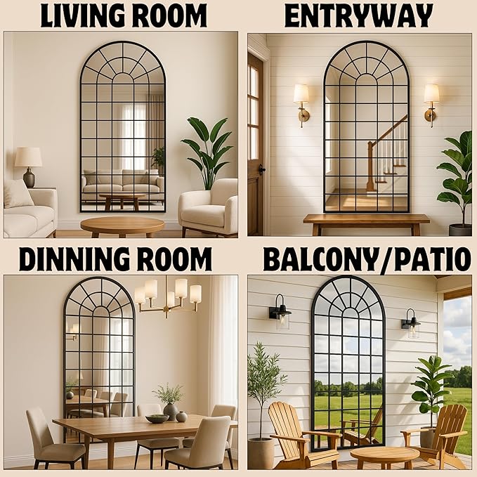 70x30Inch Large Arched Window Pane Mirror| Black Arched Mirrors for Wall & Floor | Arch Mirror Full Length for Entryway Living Room & Bedroom | Oversized Mirrors | Wall Art Decorative |Farmhouse Décor