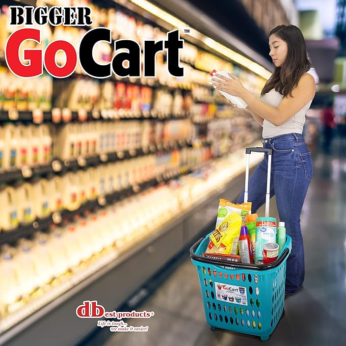 dbest products Bigger GoCart Grocery Cart Rolling Shopping Laundry Basket on Wheels Hamper with Telescopic Handle Cleaning Caddy Trolley, Teal, Bigger 1 pack