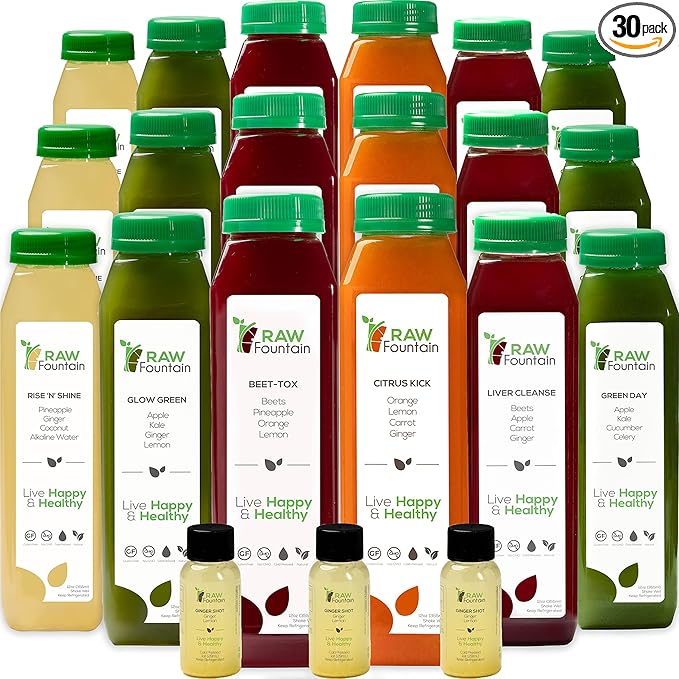 5 Day Juice Cleanse by Raw Fountain, All Natural Raw Detox Cleanse, Juicing for Body Rest, Cold Pressed Juice Fast, Great Way to Jumpstart a Healthy Diet, 30 Bottles 12oz, 5 Ginger Shots