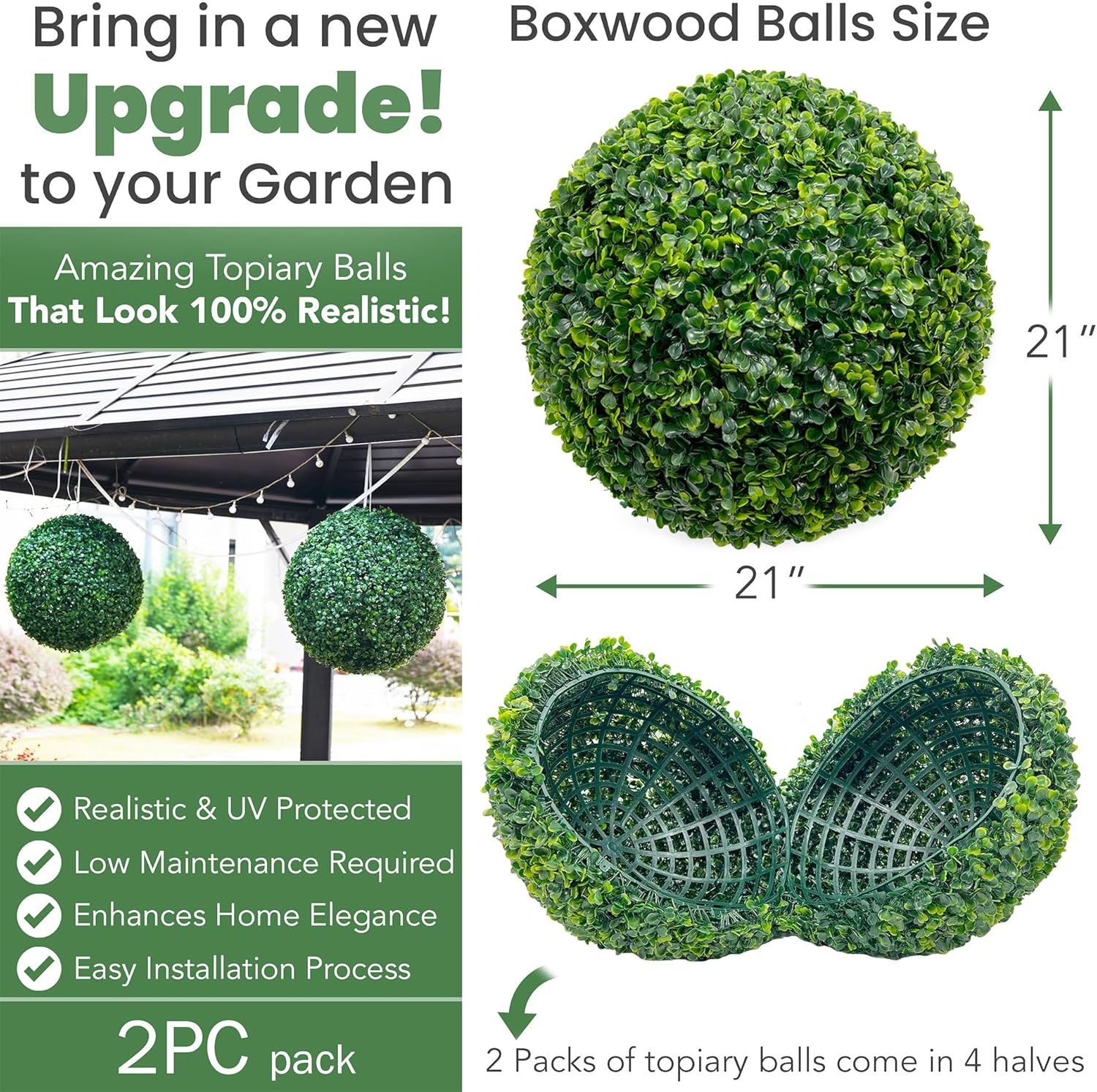 Faux Topiary Boxwood Plant – 2 Pieces 21 Inch Artificial Boxwood Topiary Plant Balls for Indoor & Outdoor Decorations, UV Resistant Decorative Boxwood Garden Spheres (Assembly Required)