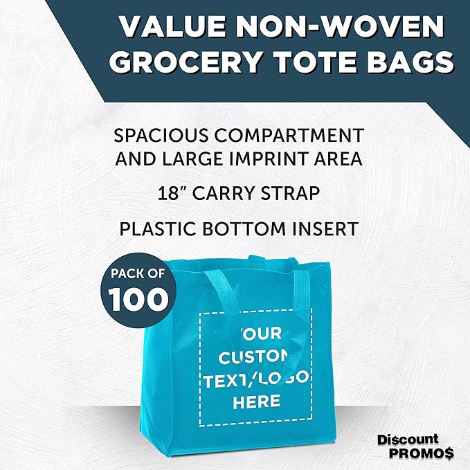 DISCOUNT PROMOS Custom Reusable Cloth Grocery Shopping Tote Bags - 100 Pack - Personalized Logo, Text - Foldable, Washable, Shopper Bag - Sky Blue