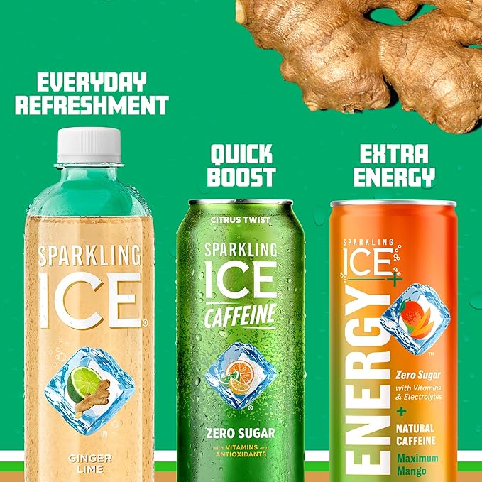 Sparkling Ice, Ginger Lime Sparkling Water, Zero Sugar Flavored Water, with Vitamins and Antioxidants, Low Calorie Beverage, 17 fl oz Bottles (Pack of 12)