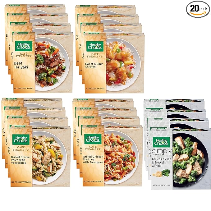 Healthy Choice Combo Pack - Beef Teriyaki - Grilled Chicken & Broccoli Alfredo - Grilled Chicken Marinara - Grilled Chicken Pesto - Sweet and Sour Chicken - 4 Boxes of Each, 20 Total