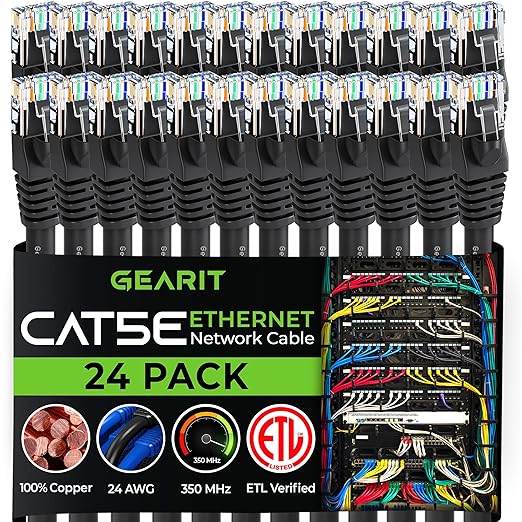 GEARIT 24-Pack, Cat5e Ethernet Patch Cable 6 Feet - Snagless RJ45 Computer LAN Network Cord, Black
