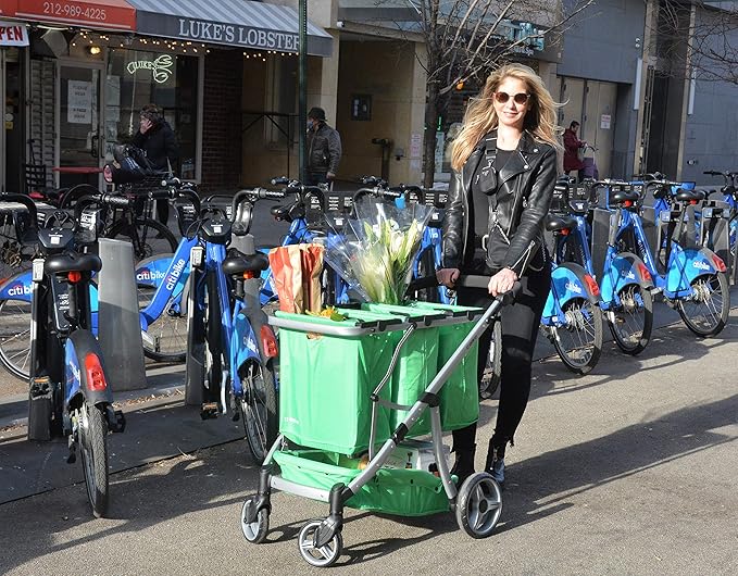 GreenCart Lightweight Cart with Reusable and Foldable 3 Shopping Bags Easy for Shopping and Carrying Groceries in Store (Black Frame + 3 Blue Baskets)