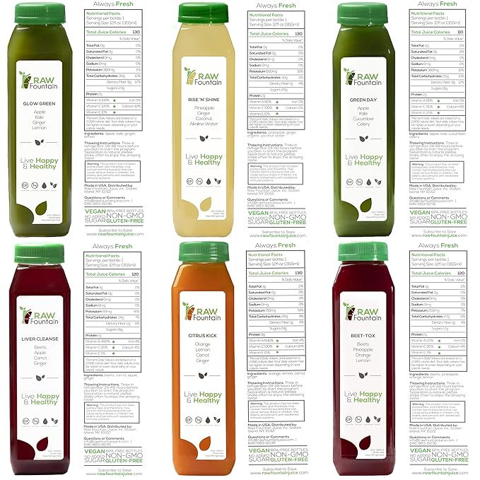 5 Day Juice Cleanse by Raw Fountain, All Natural Raw Detox Cleanse, Juicing for Body Rest, Cold Pressed Juice Fast, Great Way to Jumpstart a Healthy Diet, 30 Bottles 12oz, 5 Ginger Shots