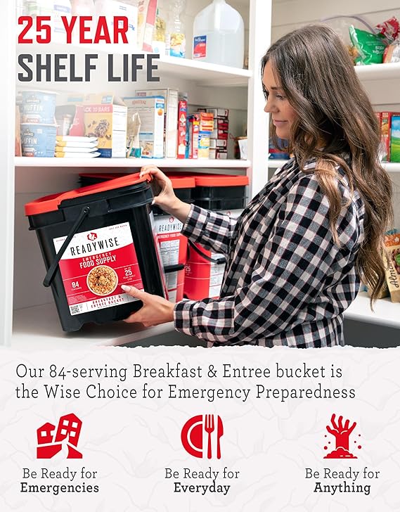 ReadyWise Emergency Food Supply - 84 Servings Breakfast & Entrée Bucket, Protein Meals, Dehydrated & Freeze Dried Food for Backpacking, Camping Essentials & Prepping Supplies, up to 25 Year Shelf Life