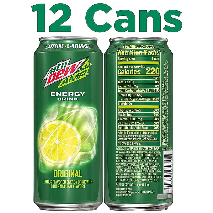 Mtn Dew AMP Energy, Original, Energy Drink with Caffeine, B Vitamins, 16 fl oz cans (12 Pack)