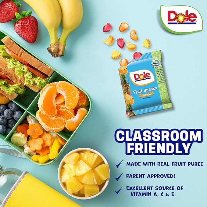 Dole Fruit Snacks, Tropical Flavors - Individually Wrapped Pouches - Classroom-Friendly, Plant-Based, Top 9 Allergen Free, No Artificial Dyes, Natural Fruit Purée - 5 Boxes, 120 Total Pouches