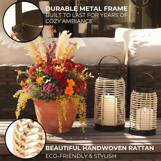 Natural Rattan Boho Lanterns - Handcrafted Chic Decor to Enhance Your Home - Modern Farmhouse Beauty Perfect for Any Living Room, Patio & Porch, Indoor and Outdoor Coffee Table or Kitchen Dining Table