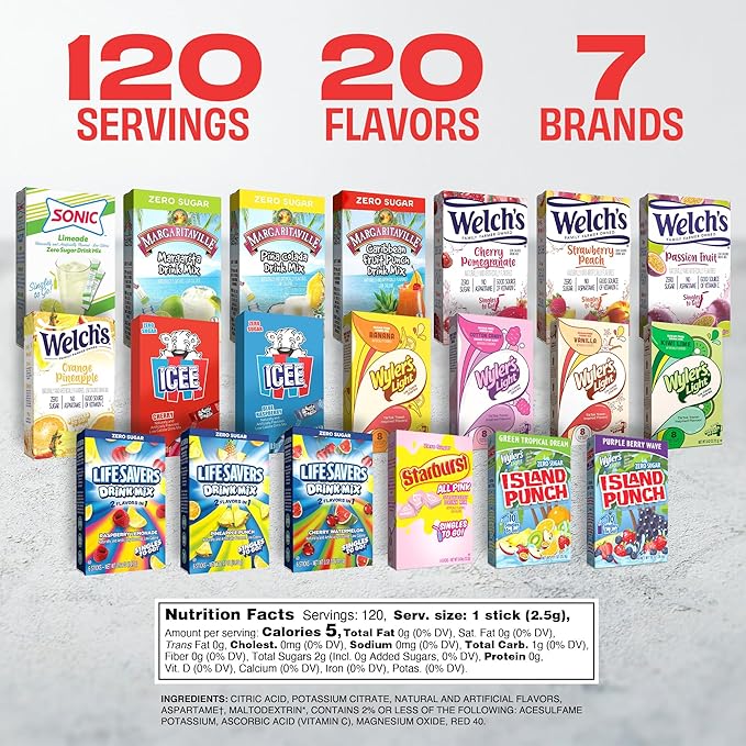 Singles To Go! 120ct Bulk Variety Pack - 20 Different Flavors from Margaritaville, Welch's, Lifesavers, and More - Sugar Free Drink Mix Packets - Sugar Free Water Flavoring Packets - Powdered Drink Mix