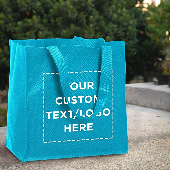 DISCOUNT PROMOS Custom Reusable Cloth Grocery Shopping Tote Bags - 100 Pack - Personalized Logo, Text - Foldable, Washable, Shopper Bag - Sky Blue