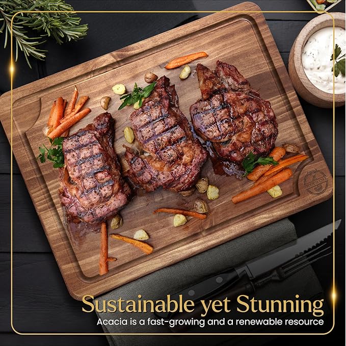 Pre-Oiled, Non Toxic 3-Piece Acacia Cutting Board Set with Stand, FSC Certified Wooden Chopping Boards with Juice Grooves for Meat. 3 Size Wood Carving Boards for Home & BBQ Kitchens by Deer & Oak