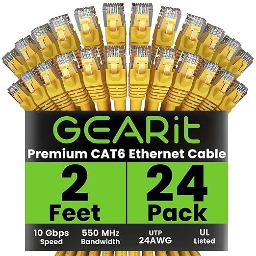 GearIT Cat 6 Ethernet Cable (24-Pack 2 Feet) Cat6 Network Patch, 10Gbps, RJ45, Snagless Cord, Gold-Plated Connectors, Internet for PC, TV, Tablet, Router, Printer, Servers, IT Data Center - Yellow