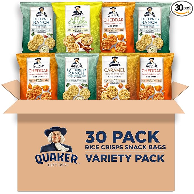 Quaker Rice Crisps, Gluten Free, 4 Flavor Sweet and Savory Variety Mix, Single Serve, 30 count