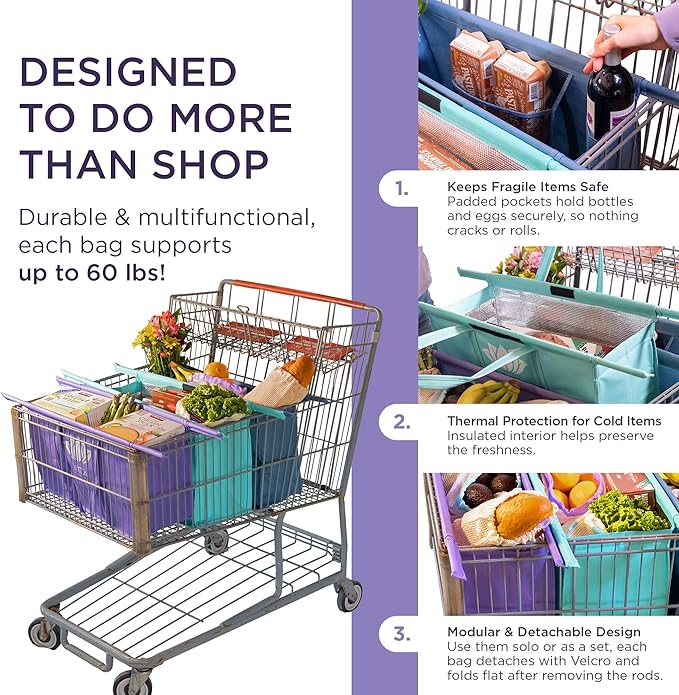 Lotus Club Cart Trolley Reusable Shopping Bags (3-Pack)– Detachable & Reusable Grocery Bags Foldable w/ Insulated Grocery Bag & Egg/Wine Holder– Washable Shopping Totes for Easy Storage & to Save Time