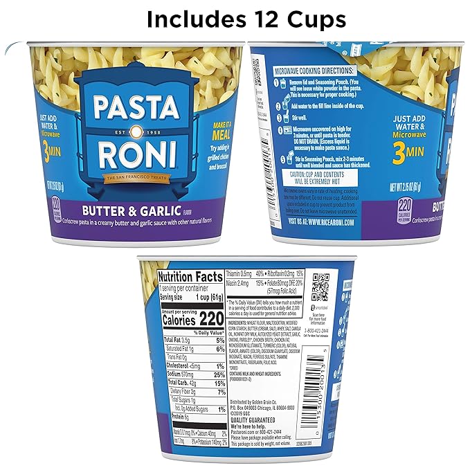 Pasta Roni Cups Mix, Butter & Garlic Pasta, 2.15 Oz (Pack of 12)