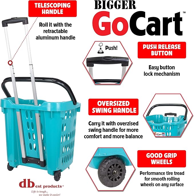dbest products Bigger GoCart Grocery Cart Rolling Shopping Laundry Basket on Wheels Hamper with Telescopic Handle Cleaning Caddy Trolley, Teal, Bigger 1 pack