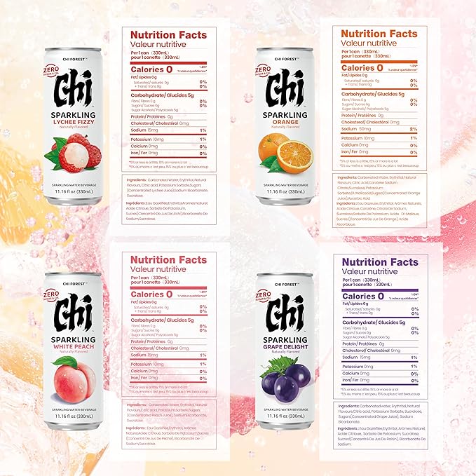 CHI FOREST Variety Bundle Sparkling Water Beverages, Zero Sugar, Zero Caffeine, 11.15fl oz Cans(24 Pack *4)