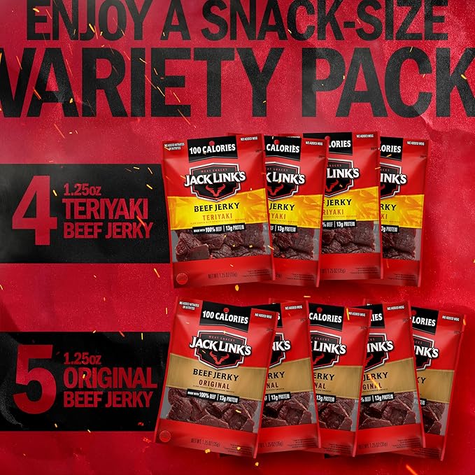 Jack Link's Beef Jerky Variety Pack - Includes Original and Teriyaki Jerky, Bulk Protein Snack Pack, Good Source of Protein, Meat Snacks Made with 100% Beef, Individual Bags - 1.25 Oz (Pack of 9)