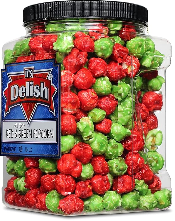 Holiday Red & Green Popcorn by It's Delish, 16 Oz Jumbo Container | Bulk Gourmet Air Popped Pop Corn Snack - Fruity Christmas Themed Candy Confetti – Gluten Free, Vegan, Kosher, 1 Count