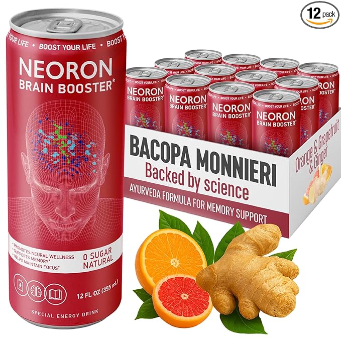 NEORON - Brain Armor, Focus & Memory Support, Sugar‐Free Nootropic Drink, Vegan (Pack of 12, Ginger Kick, Orange & Grapefruit)
