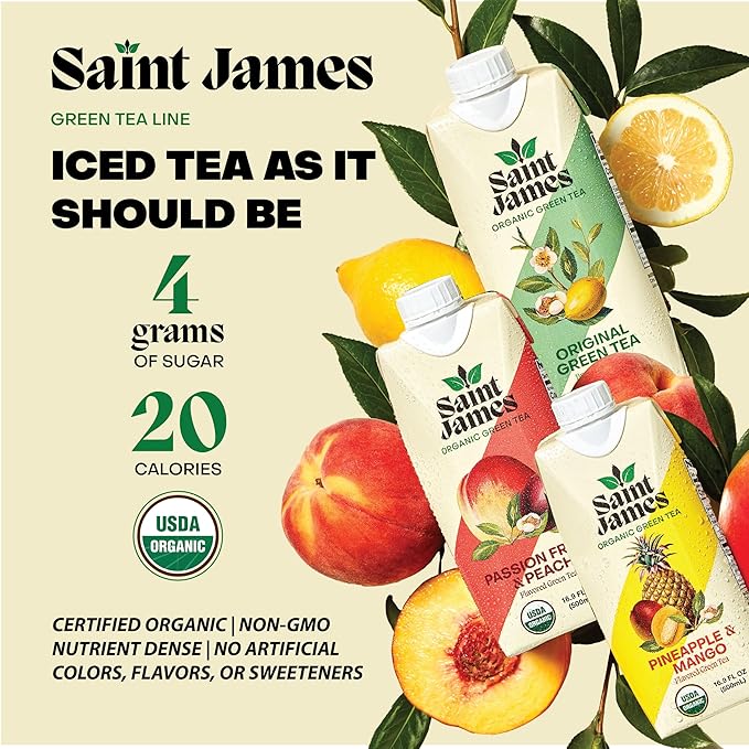 Saint James Iced Tea - Organic Green Tea - Non GMO, Gluten Free, Low Calorie & Low Sugar - Variety Green Tea Flavors, 12 Pack (16.9 fl oz each)
