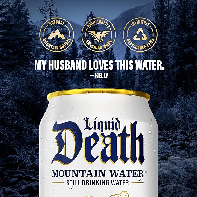 Liquid Death, Still Mountain Water, 12-Pack (12oz Cans), Real Mountain Source, Infinitely Recyclable Ice-Cold Cans, American Made