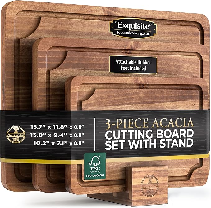 Pre-Oiled, Non Toxic 3-Piece Acacia Cutting Board Set with Stand, FSC Certified Wooden Chopping Boards with Juice Grooves for Meat. 3 Size Wood Carving Boards for Home & BBQ Kitchens by Deer & Oak