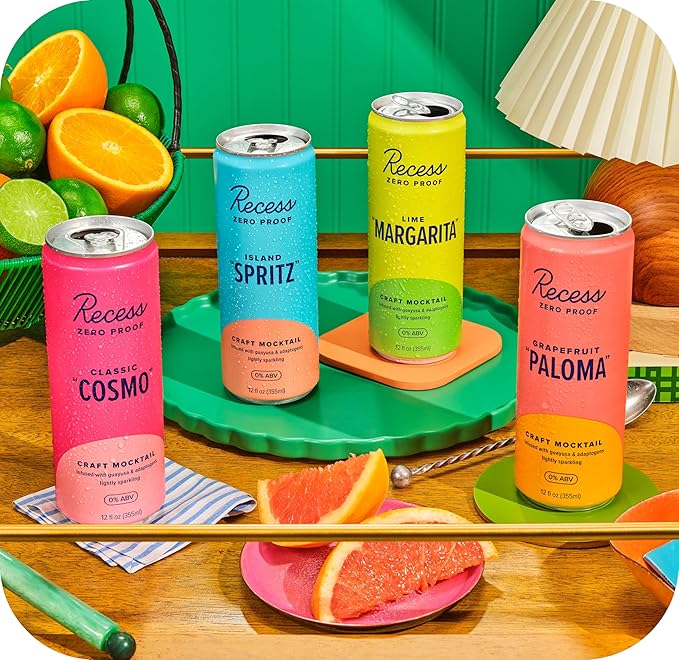 Recess Zero Proof Craft Mocktails, Alcohol Free Drinks, with Adaptogens, Non-Alcoholic Beverage Replacement, Mixer, Celebration, Party, (Happy Hour Sampler, 12oz, Pack of 12)