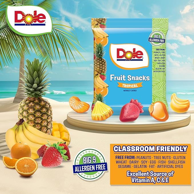 Dole Fruit Snacks, Tropical Flavors - Individually Wrapped Pouches - Classroom-Friendly, Plant-Based, Top 9 Allergen Free, No Artificial Dyes, Natural Fruit Purée - 5 Boxes, 120 Total Pouches