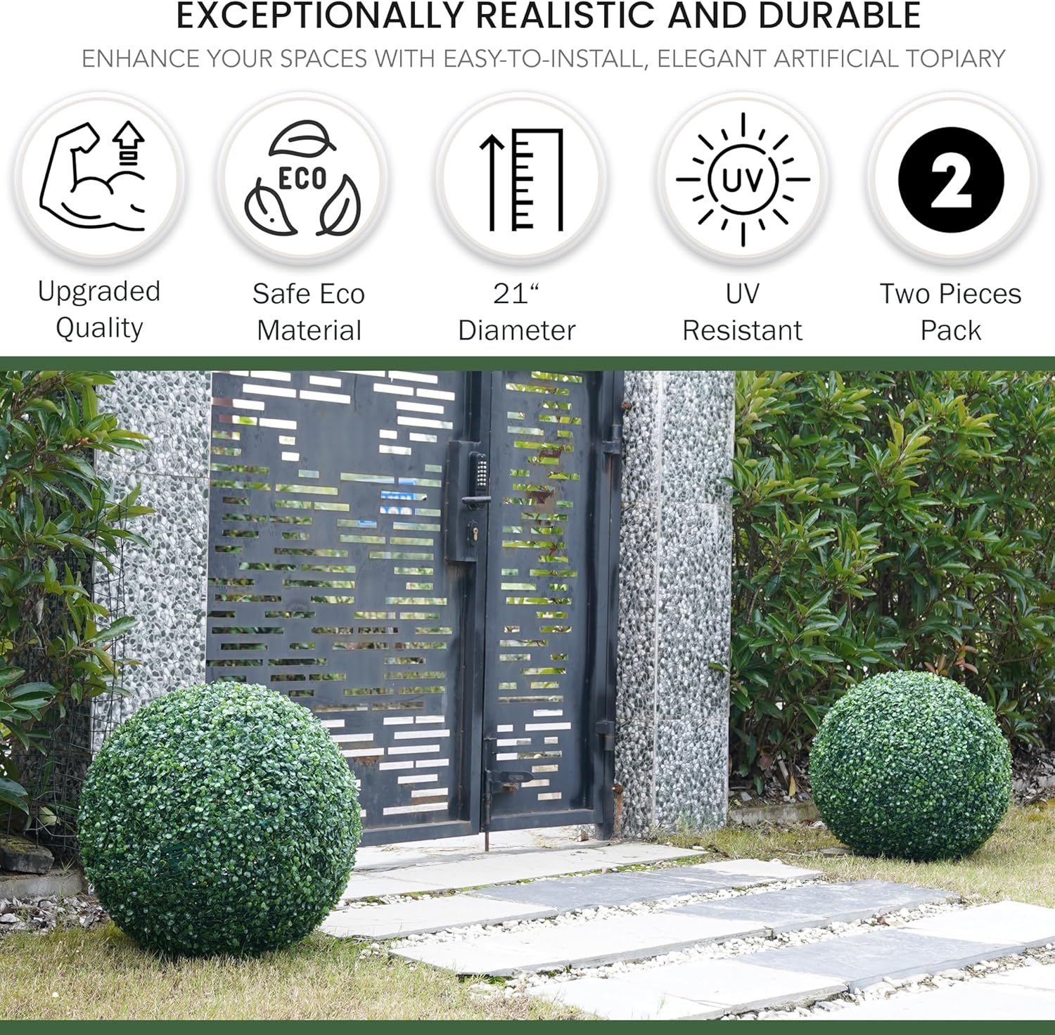 Faux Topiary Boxwood Plant – 2 Pieces 21 Inch Artificial Boxwood Topiary Plant Balls for Indoor & Outdoor Decorations, UV Resistant Decorative Boxwood Garden Spheres (Assembly Required)