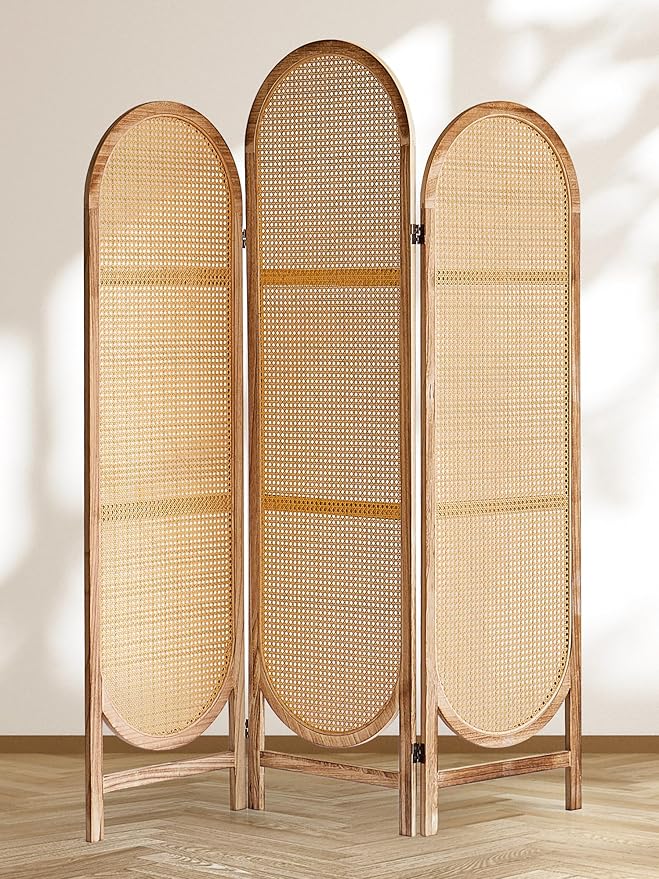 3 Panel Room Dividers and Folding Privacy Screens, Hand-Made Rattan Room Divider with Bi-Directional Hinge, Pre-Assembled Wood Privacy Dividers for Home Office Bedroom, Hotel Decorations