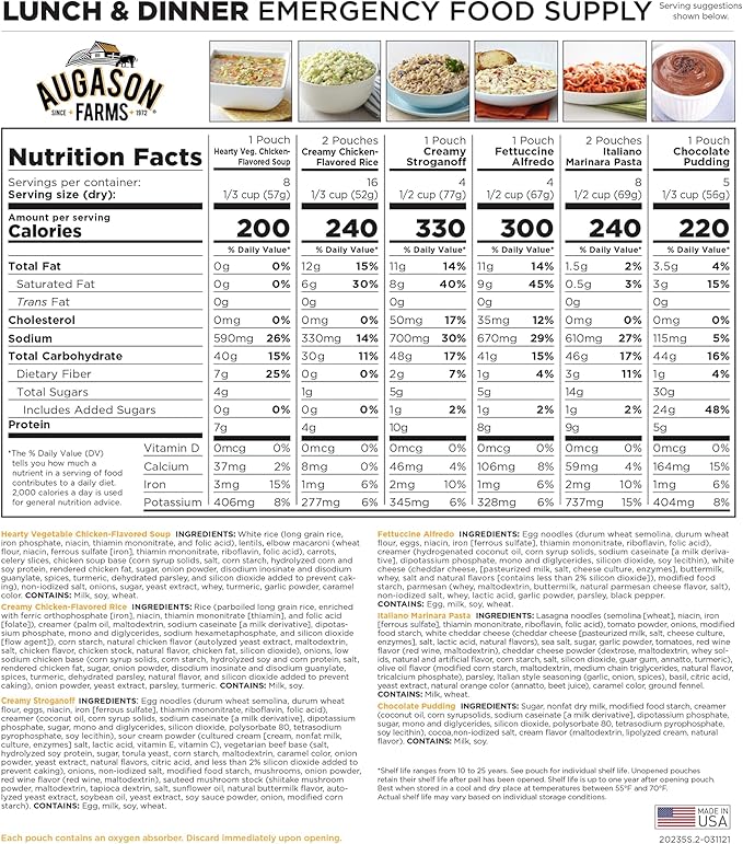 AUGASON FARMS Emergency Food Supply Bucket, 92 Servings, Dehydrated Meal Kit, Variety Pail, Long Shelf Life Just-Add-Water Meals for Disaster Survival Prep, Camping, Hiking, and More