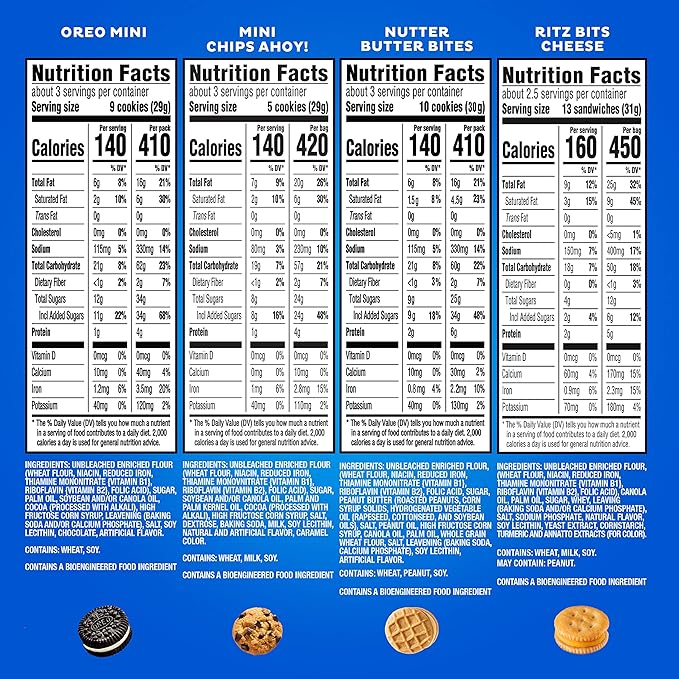 OREO Mini Cookies, CHIPS AHOY! Mini Cookies, Nutter Butter Bites & RITZ Bits Cheese Crackers Variety Pack, 15 Big Bags