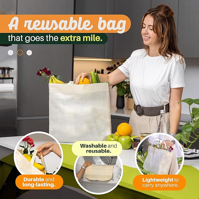 Simply Cool Reusable Grocery Bags Eco-Friendly - Large Reusable Shopping Bags, Heavy Duty Grocery Bags, 14.5"x14"x6.6" Foldable, Tote Bags Bulk (50 Pack, Cream)
