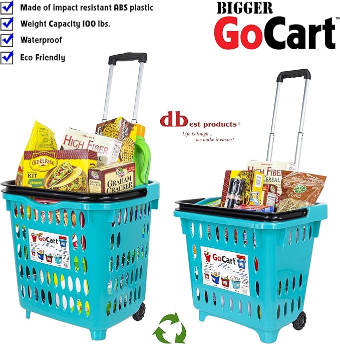 dbest products Bigger GoCart Grocery Cart Rolling Shopping Laundry Basket on Wheels Hamper with Telescopic Handle Cleaning Caddy Trolley, Teal, Bigger 1 pack
