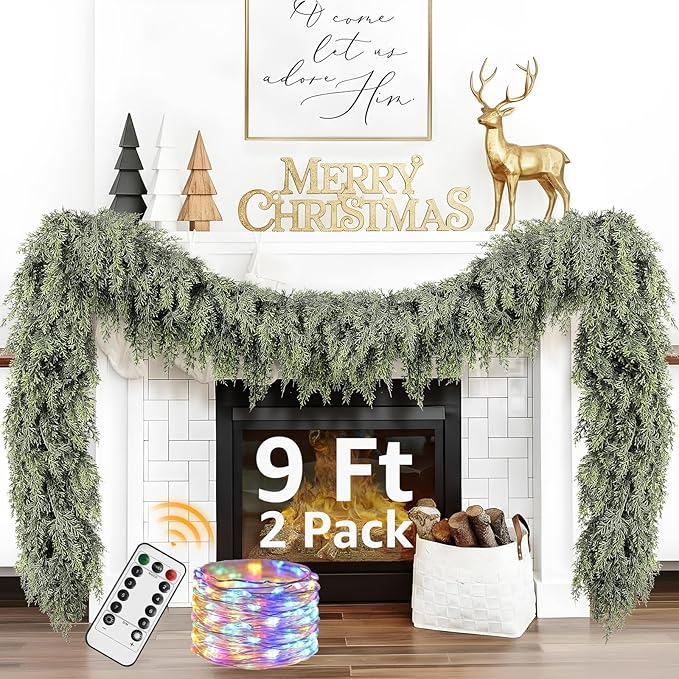 Cedar Christmas Garland with Lights for Mantle - 2 Pack Decorations 9ft Realistic Lighted Faux Pine Garlands for Xmas Home Decoration Indoor Stairs Railing Fireplace Outdoor Prelit Garland Door Decor