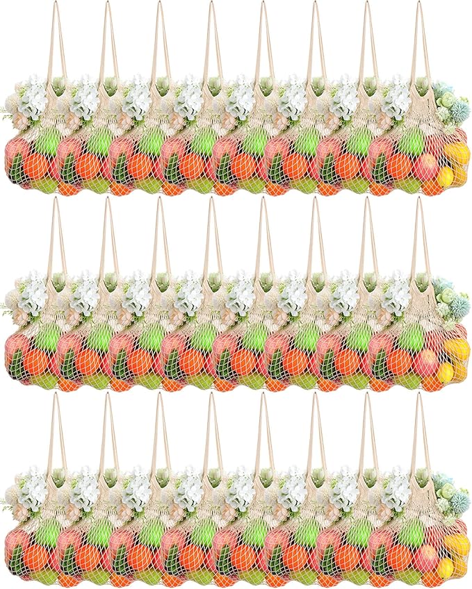 Woanger 24 Pcs Reusable Cotton Mesh Produce Shopping Bags Washable Grocery Net Portable Fruit and Vegetable Cotton String Bags Long Handle Net Tote Organizer(Long Handle)