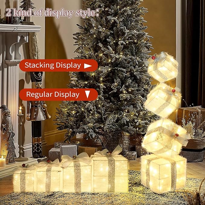 Christmas Lighted Gift Boxes Decorations Set of 4, 2.8Ft Stackable Christmas Nesting Boxes Battery Operated with Timer for Home and Party Decoration