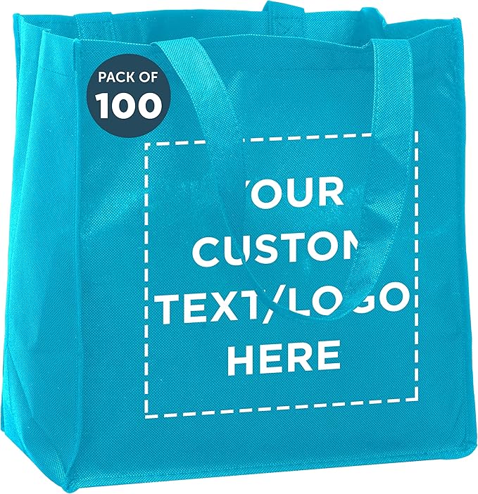 DISCOUNT PROMOS Custom Reusable Cloth Grocery Shopping Tote Bags - 100 Pack - Personalized Logo, Text - Foldable, Washable, Shopper Bag - Sky Blue