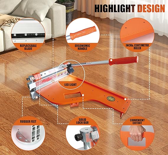 Laminate/Vinyl Floor Cutter, 13” Vinyl Plank Cutter with Wheels – Easy Angle & Length Cutting, Flooring Tools - Cuts Laminate Floor, Engineered Wood, LVP, LVT, VCT, SPC, WPC, HSS Blade/LED Light