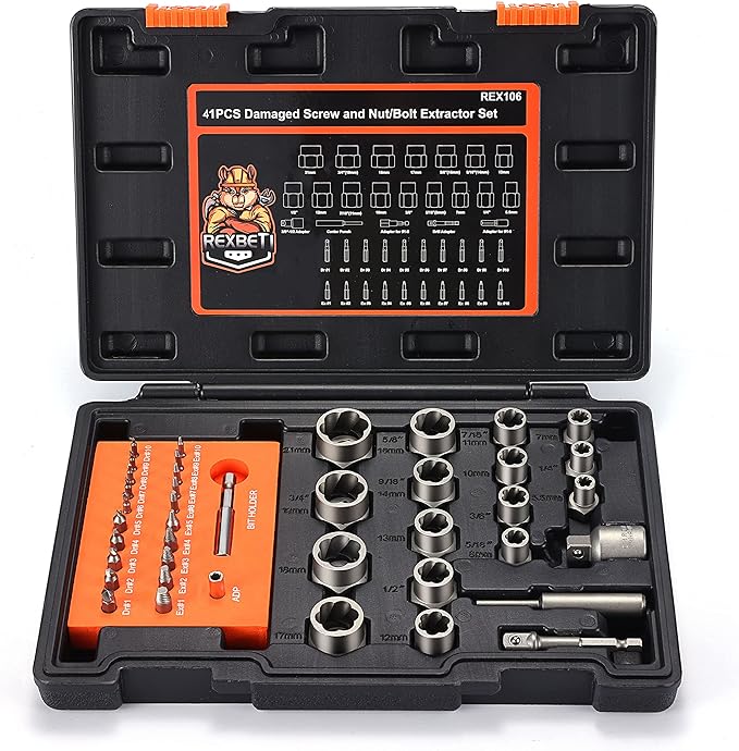 REXBETI 41-Piece Impact Bolt Extractor Screw Extractor Set and Stripped Screw Remover, Case with 16-Piece Bolt Extractor, 10-Piece HSS Drill Bit, 10-Piece Spiral Screw Extractor and 4 Piece Adapter